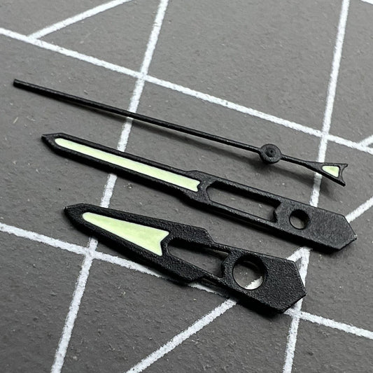 Matte black trim hollow green lume watch hands for NH35 NH36 movement, stylish and precise.
