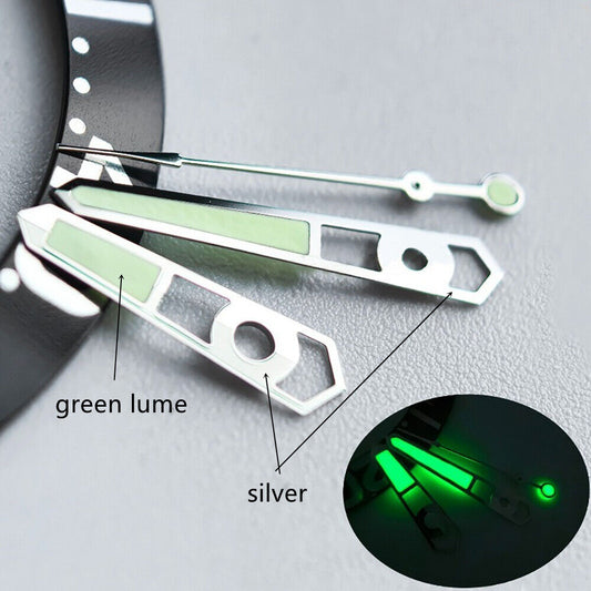 13mm silver-trimmed green lume watch hands for NH35 NH36 mechanical movements, precise time visibility
