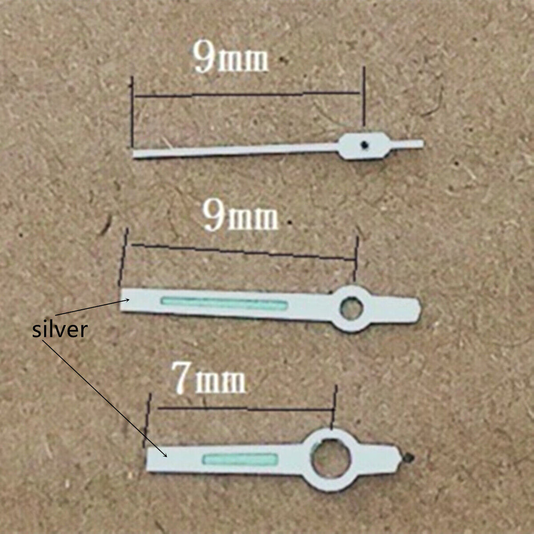 Silver trim green luminous 9mm watch hands for Orient 46941 46943 movement, precise accessory replacement.