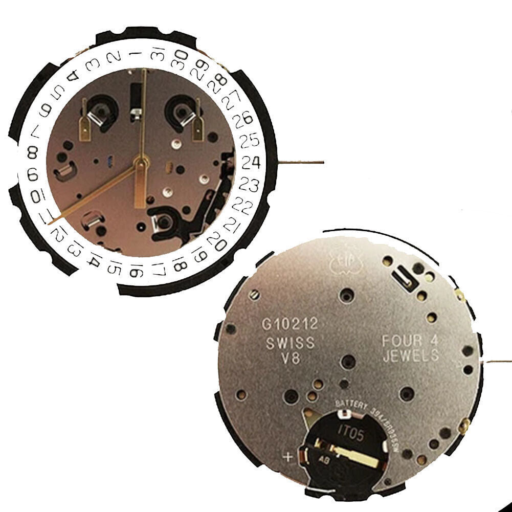 ETA G10.212 quartz movement for watches, 3 hands, date at 4/4.5/6, precise timekeeping by ETA.
