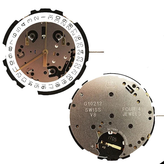 ETA G10.212 quartz movement for watches, 3 hands, date at 4/4.5/6, precise timekeeping by ETA.