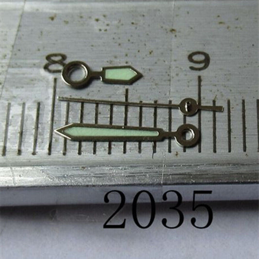 Silver trim arrow watch hand with green lume, compatible with Miyota 2035, 2115, 2105, 2305 movements.
