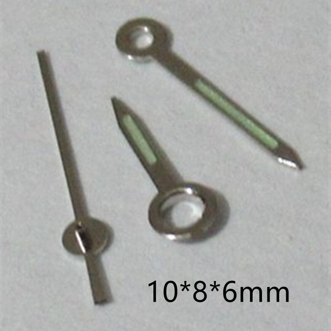 Silver-trimmed green luminous watch hands set for Miyota 2035, 2115, 2105, 2305 movements.