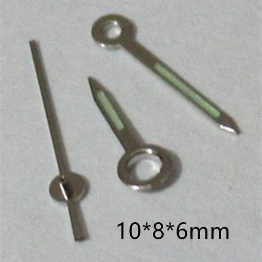 Silver-trimmed green luminous watch hands set for Miyota 2035, 2115, 2105, 2305 movements.
