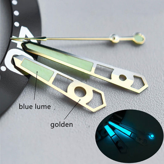 Gold-trimmed 13mm blue lume watch hands for NH35 NH36 mechanical movements, enhancing visibility and style.