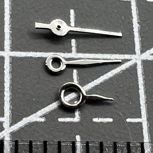 Silver set of watch hands for Miyota 2035 movement, sizes 7mm, 6mm, and 4mm, durable precision parts.