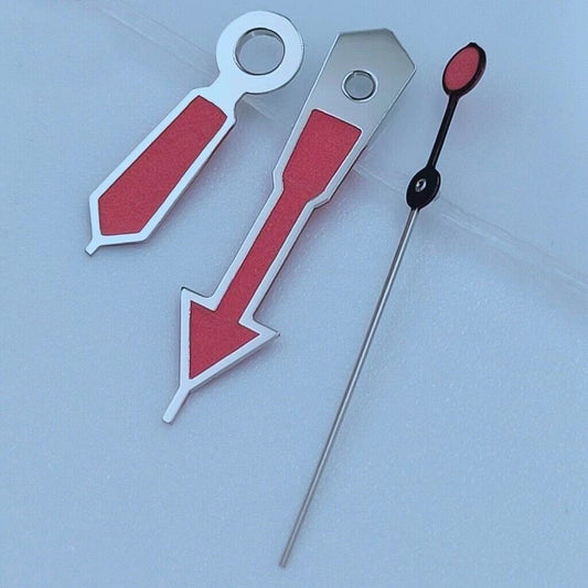 Silver-trimmed red watch hands with green lume for NH35 NH36 7S26 7S36 movements.