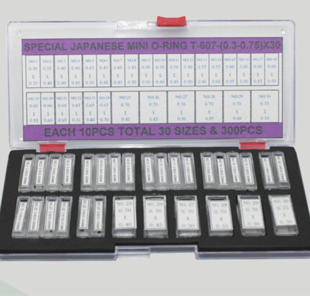 Set of 300 Japan waterproof mini O-rings, 0.3-0.75mm, ideal for watch crown seals and repairs.