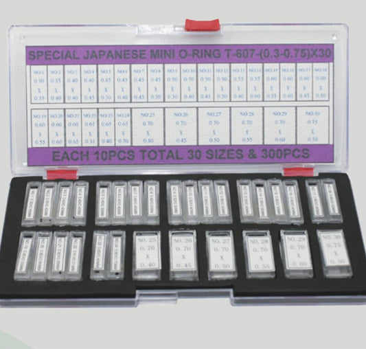 Set of 300 Japan waterproof mini O-rings, 0.3-0.75mm, ideal for watch crown seals and repairs.