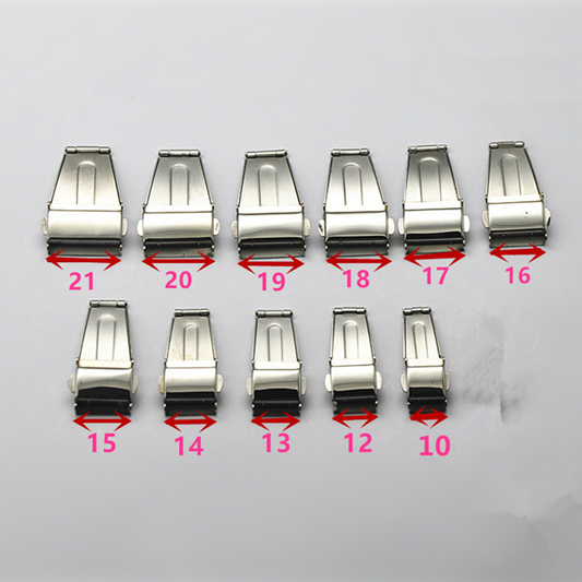 Stainless steel butterfly buckle clasp for watch repair, double press design for secure fit.