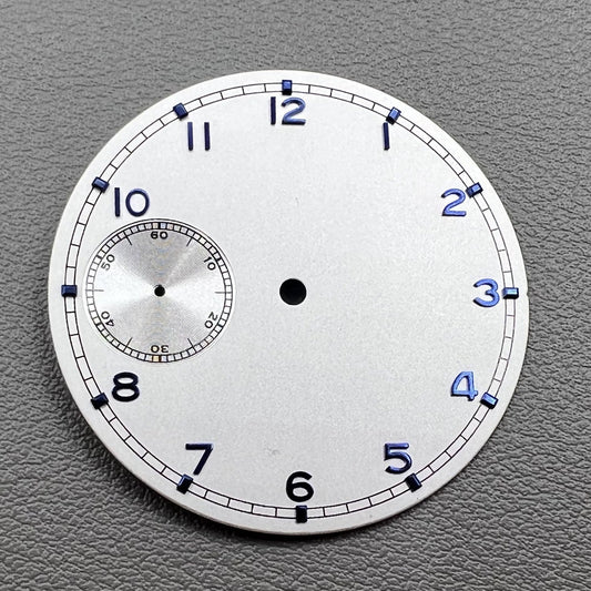 White 37mm pilot watch dial for ETA 6497 movement by BP08, featuring clear numerals and vintage style.