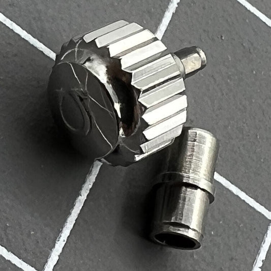 Polished 6.3mm silver watch crown with tube for OMEGA Seamaster 300, precision accessory.