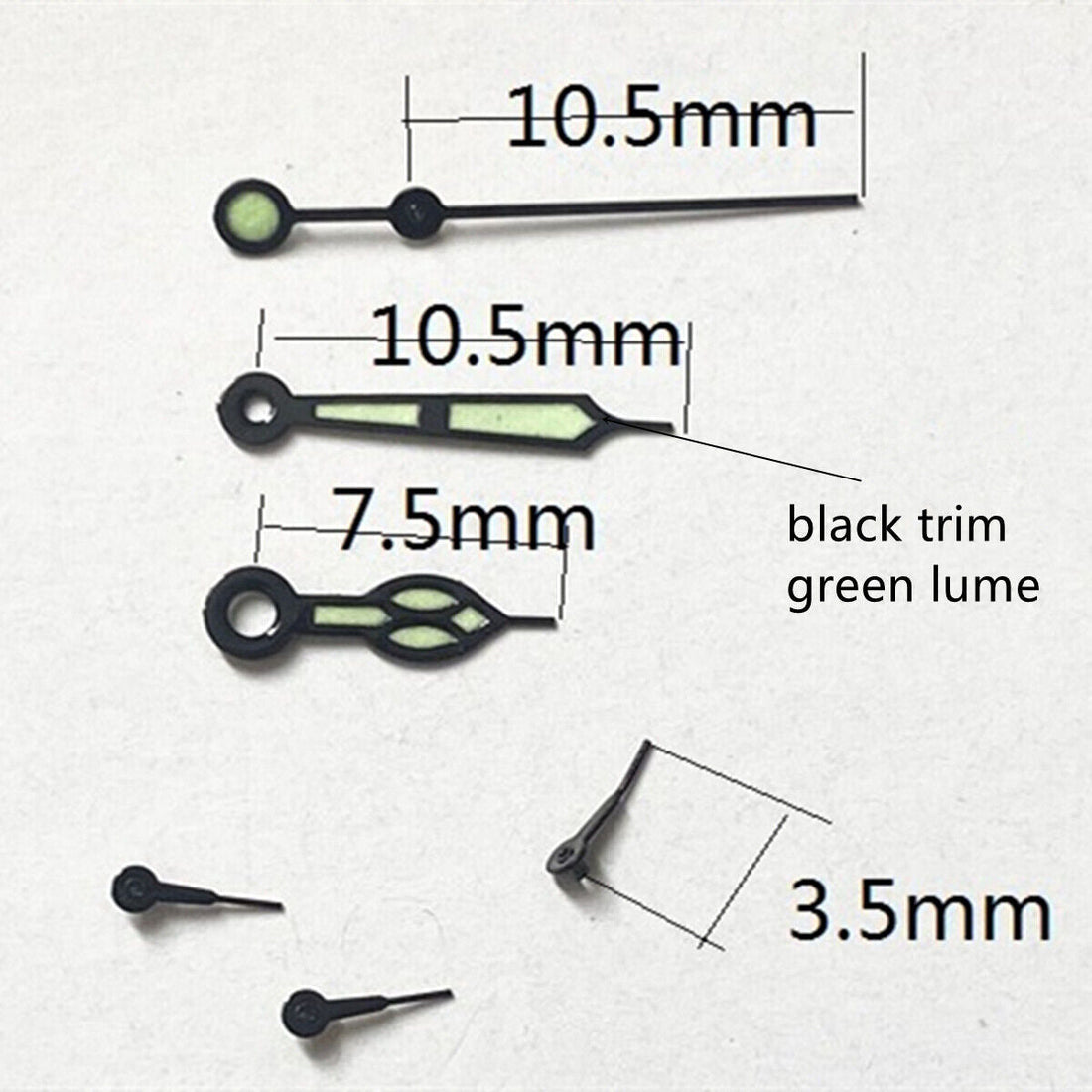 Black trim green lume watch hands compatible with Miyota OS10, OS20, OS22, OS60, OS80.