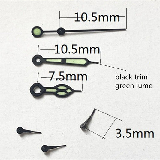 Black trim green lume watch hands compatible with Miyota OS10, OS20, OS22, OS60, OS80.