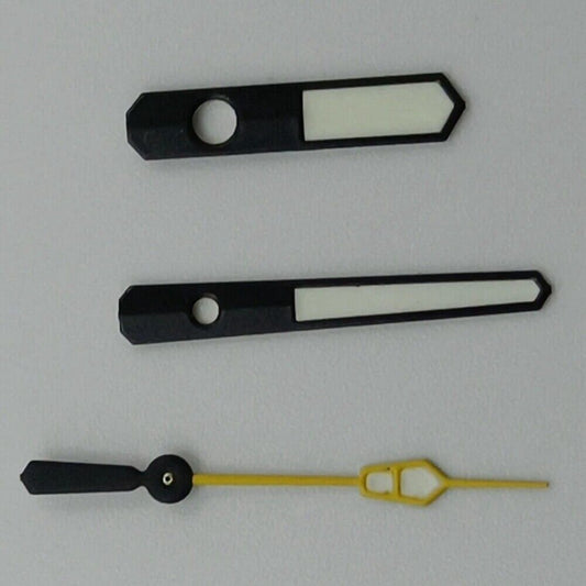 Black and yellow trim 12.5mm watch hands with green lume for NH35, NH36, 7S26, and 7S36 movements.