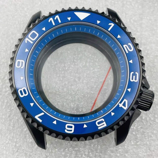 Modified 42mm black watch case with blue sapphire bezel, 316L stainless steel for NH36 NH35 movements
