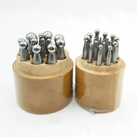 Shaping dapping punch set with wooden stand, ideal for jewelers and metalsmiths crafting detailed designs.