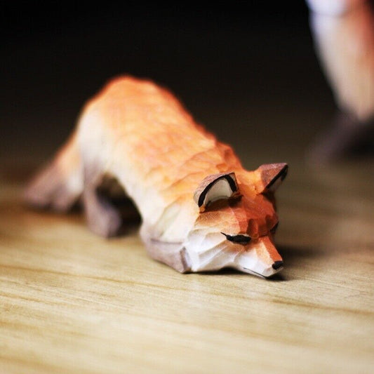Handmade Bowing Fox wooden figurine, detailed decorative collectible sculpture for home decor.
