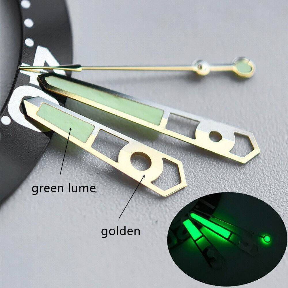Golden trimmed 13mm green lume watch hands for NH35 NH36 mechanical movements.