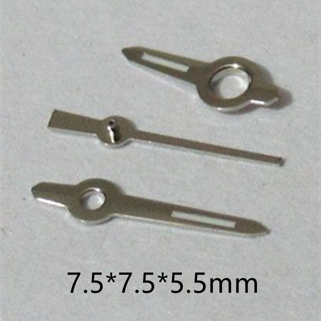 Set of 7.5mm green luminous watch hands with silver trim for Miyota 2035, 2115, 2105, 2305 movements, enhancing readability in low light.