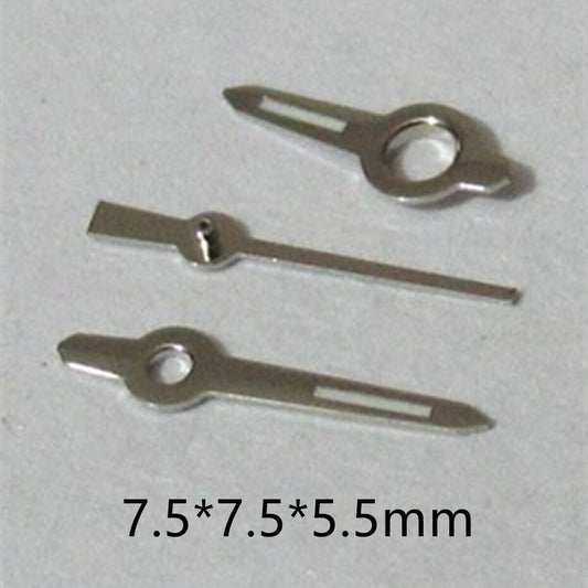 Set of 7.5mm green luminous watch hands with silver trim for Miyota 2035, 2115, 2105, 2305 movements, enhancing readability in low light.