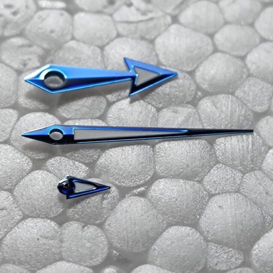 Blue luminous arrow-shaped watch hands with green trim, 9?14?3.2mm, for Mingzhu 2813 movement.