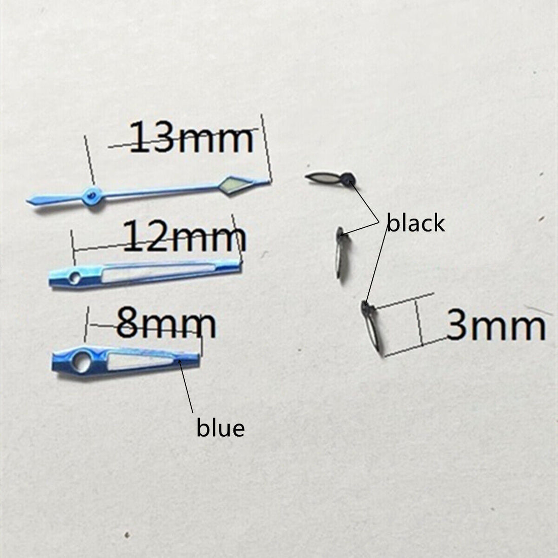 Blue and black trim lume watch hands, 13mm, compatible with Miyota OS10 to OS11 movements.