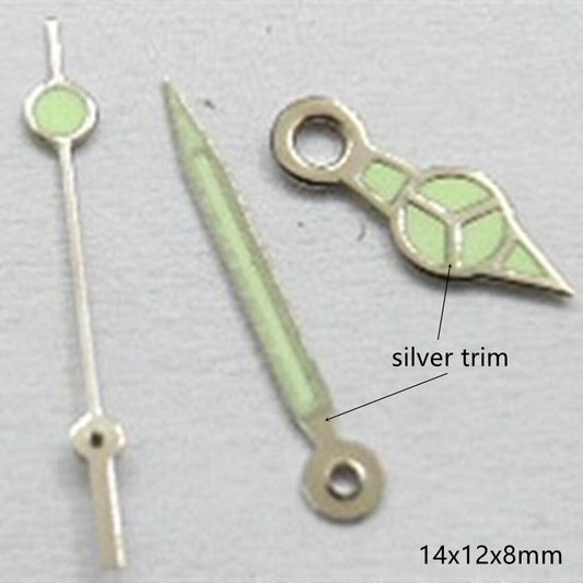 Silver trim green lume watch hands set for Miyota 2035, 2115, 2105, 2305 movements.