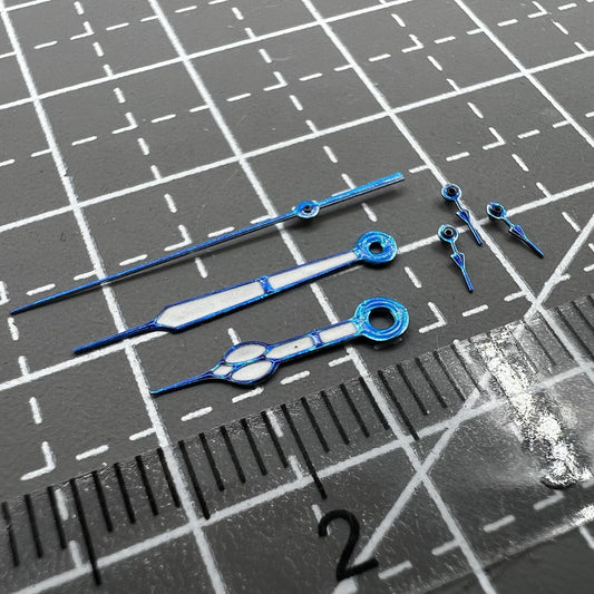 Blue trim green lume watch hands for Miyota OS10 0S10 movement, precise fit for watch repairs.