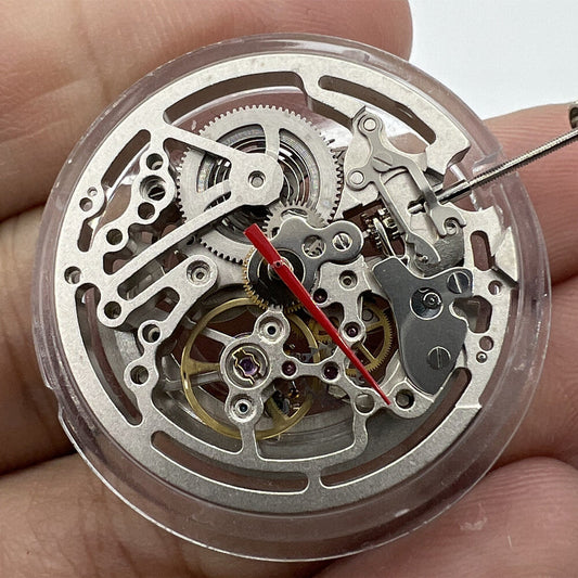 Seagull TY2809 silver skeleton watch movement showcasing intricate automatic mechanical design.