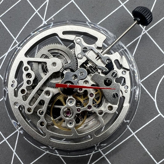Seagull TY2809 silver skeleton watch movement showcasing intricate automatic mechanical design.