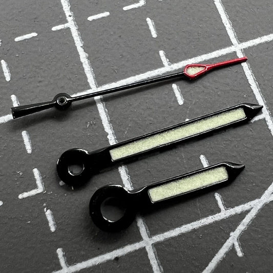 3 Hands green luminous watch hands set, black trim, compatible with NH35/NH36/4R36 movements,.