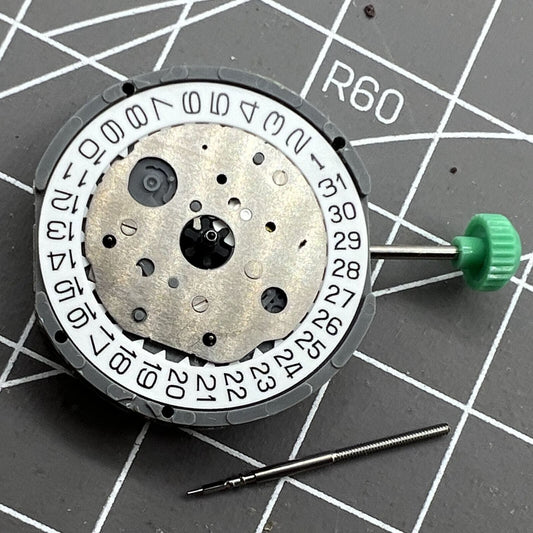 Miyota FS20 chronograph watch movement with date at 3, precision quartz, Japan made.