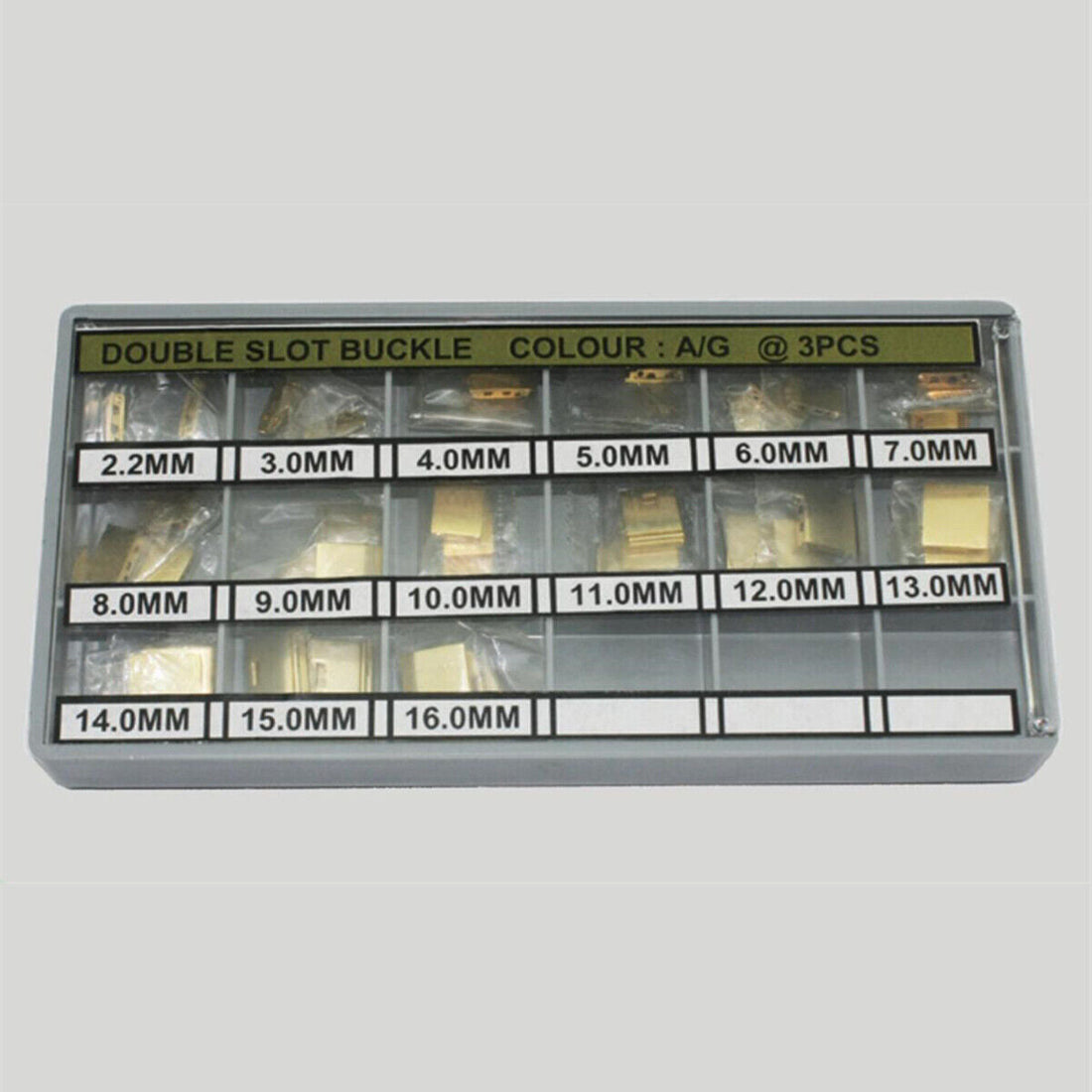 Double slot clip buckle for metal watch bands, 15 sizes (2.2mm-16mm), 45pcs box, durable fastening accessory.