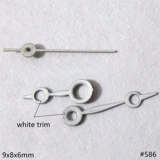 9mm white hollow watch hands set for Miyota 2035 movement, enhancing timepiece clarity and style.