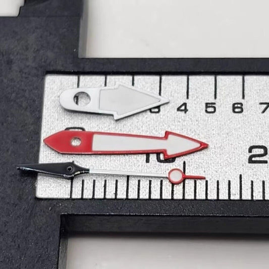 Red and white arrow-shaped luminous watch hands for NH35 NH36 movement, enhancing readability in low light.