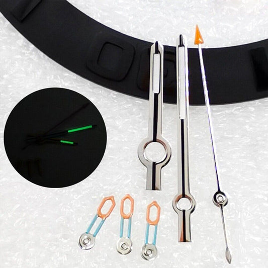 Silver trim white painted watch hands with green lume for Japan-made VK63 movement, enhancing visibility and style.