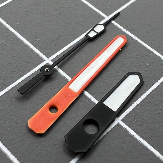 13mm C3 green lume SKX MOD diving watch hands with black and orange trim for NH35/36 movements.