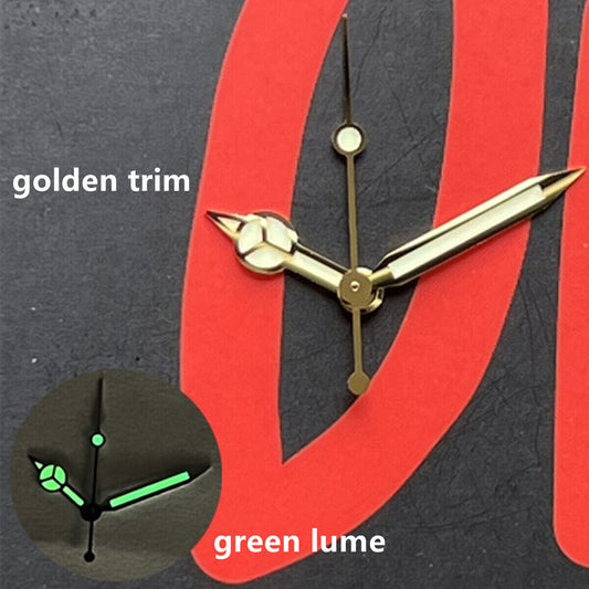 12.5mm golden trim C3 BGW-9 green lume watch hands for SKX/SBBN NH35A/NH36 models, ideal for replacements.