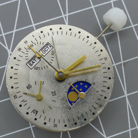 Asia Made 7751 7753 multifunctional automatic watch movement showcasing moon phase and mechanical gears.