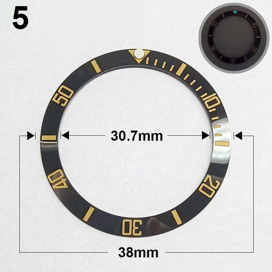 38mm black ceramic watch bezel with golden font and green luminous details for accessories.