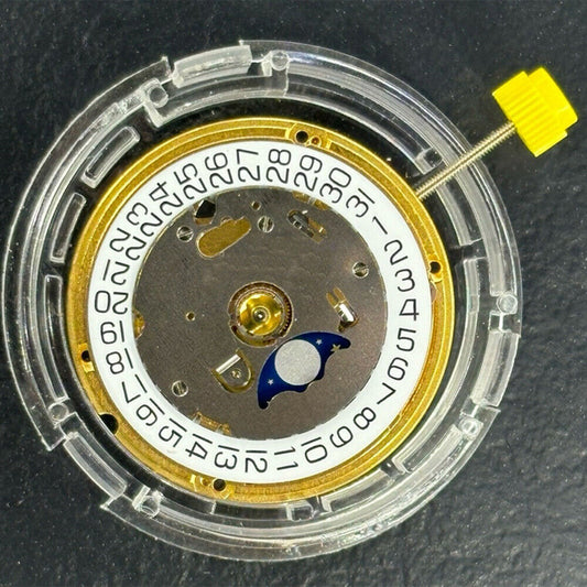 Swiss ETA F05.841 quartz movement watch with single calendar date at 3 o'clock, precision timing by ETA.