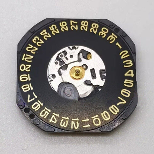 Japan Made watch accessory with black disk, yellow font, VX42E movement, single calendar at 3 o'clock.