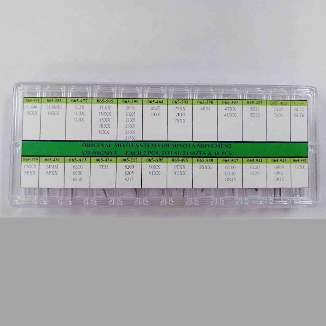 1. 24 Sizes Miyota watch stems set, 48pcs, compatible with Miyota movements for precise repairs.  