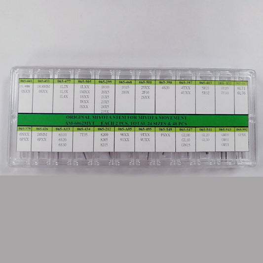 1. 24 Sizes Miyota watch stems set, 48pcs, compatible with Miyota movements for precise repairs.  