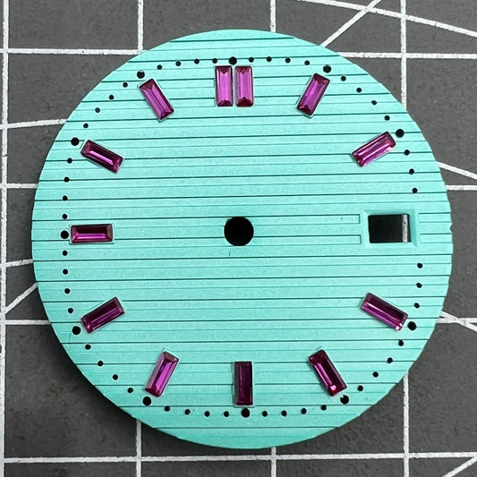 29.8mm pink imitation gemstone dial for NH35 watch movement, bright green nail design, elegant watch accessory