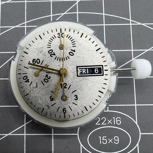 Shanghai 7750 automatic watch movement with black dial, day-date display, and small seconds at 9 o'clock by Shanghai.