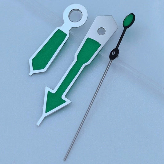 Silver-trimmed green lume watch hands for NH35 NH36 7S26 movements, precise and luminous.
