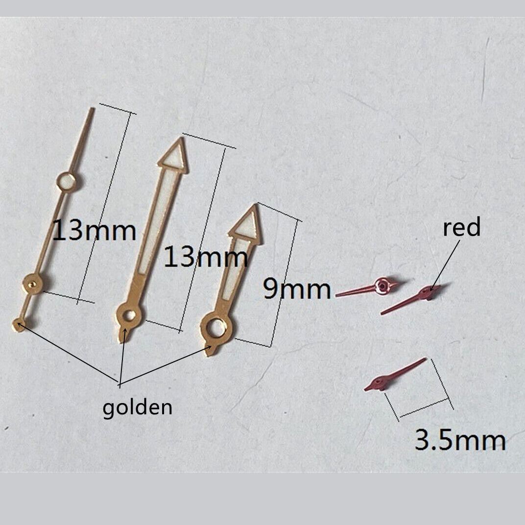 13mm green lume watch hands with golden trim, compatible with Miyota OS10 OS20 OS22 OS60 OS80 OS11 models.