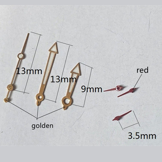 13mm green lume watch hands with golden trim, compatible with Miyota OS10 OS20 OS22 OS60 OS80 OS11 models.